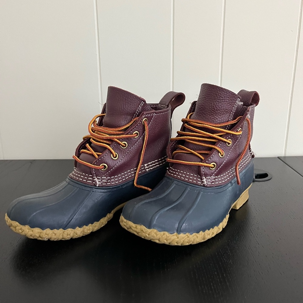L.L. Bean Duck Boots - Navy Sole, Maroon Upper, 6” Lace Up